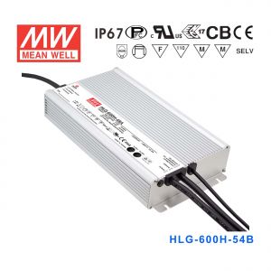 HLG-600H-54B  600W  54V 11.2A  强耐环境恒压+恒流PFC高效铝壳IP67防水LED电源(控制线三合一调光)