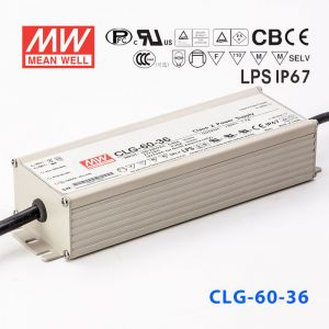 CLG-60-36   60W   36V  1.7A 恒压+可改恒流有PFC铝壳明纬IP67防水LED电源