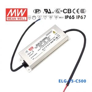 ELG-75-C500B  75W 75~150V 500mA   B型(0～10V/PWM/电阻调光/铝壳IP67防水/180～305Vac输入)明纬PFC防水LED电源