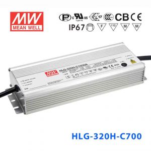 HLG-320H-C700A  320W  宽范围输入 214~428V 700mA 强耐环境高压恒流输出PFC高效铝壳IP65防水LED电源