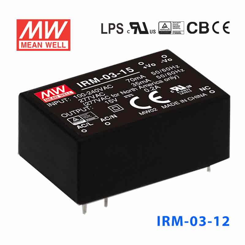 IRM-03-12  3W 12V 250mA   单路输出高能效AC-DC模块型明纬开关电源-插脚型