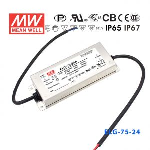 ELG-75-24D2  75W 24V 3.15A      D2型(定时调光/铝壳IP67防水/180～305Vac输入)明纬PFC防水LED电源