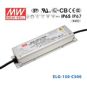 ELG-150-C500D2 150W  150~300V 500mA  D2型(定时调光/铝壳IP67/180～295Vac输入)明纬PFC防水高压恒流LED电源