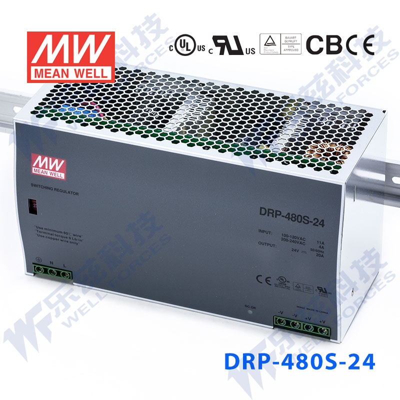 DRP-480S-24 480W 24V20A 单路输出DIN导轨安装带PFC功能明纬开关电源