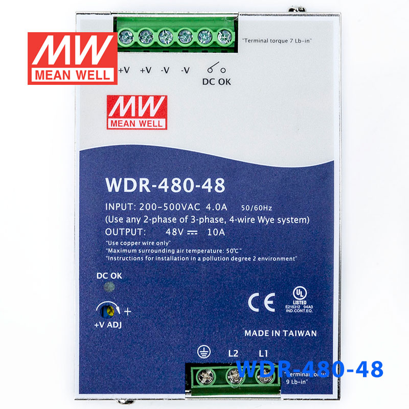 WDR-480-48 480W 48V10A 高输入电压高效率高PFC单路输出DIN导轨电源