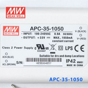 APC-35-1050 35W 11-33V     1050mA 明纬牌恒流输出防水塑壳LED照明电源  