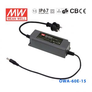 OWA-60E-15  60W  15V 4A 明纬塑壳防潮外置型LED电源适配器(欧规插头)