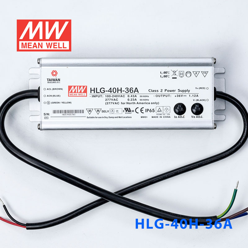 HLG-40H-36A  40W  36V 1.12A  强耐环境恒压+恒流PFC高效铝壳IP65防水LED电源(恒压恒流值可面板设定)