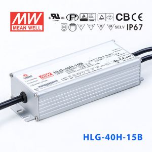 HLG-40H-15B  40W  15V 2.67A  强耐环境恒压+恒流PFC高效铝壳IP67防水LED电源(控制线三合一调光) 