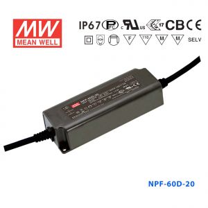 NPF-60D-20  60W  20V 3A 输出IP67防水型带PFC功能三合一调光明纬电源