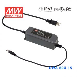 OWA-60U-15  60W  15V 4A 明纬塑壳防潮外置型LED电源适配器(美规插头)