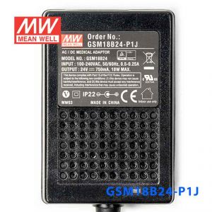 GSM18B24-P1J 18W 24V0.75A输出明纬高能效医疗型IEC320-C8插口电源适配器