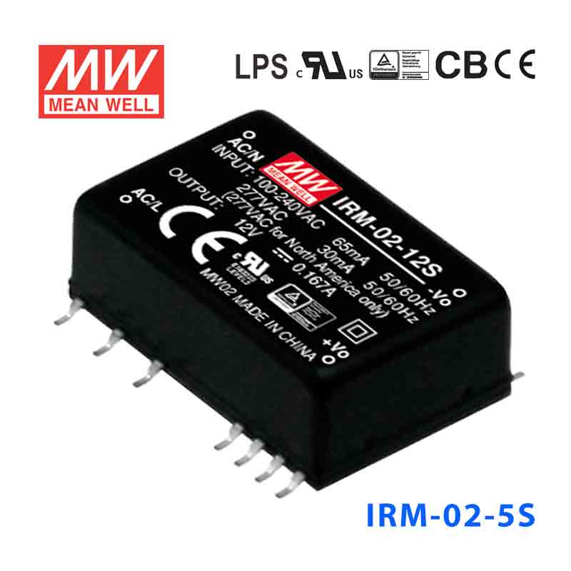 IRM-02-5S 2W 5V 400mA    单路输出高能效AC-DC模块型明纬开关电源-SMD贴片型