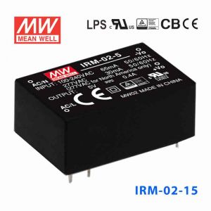 IRM-02-15 2W 15V 133mA   单路输出高能效AC-DC模块型明纬开关电源-插脚型