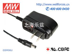 GSM06U05-P1J 6W 5V1.2A输出明纬高能效医疗型美规墙插电源适配器