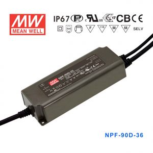 NPF-90D-36  90W  36V 2.5A  输出塑壳IP67防水带PFC低空载损耗明纬LED调光电源