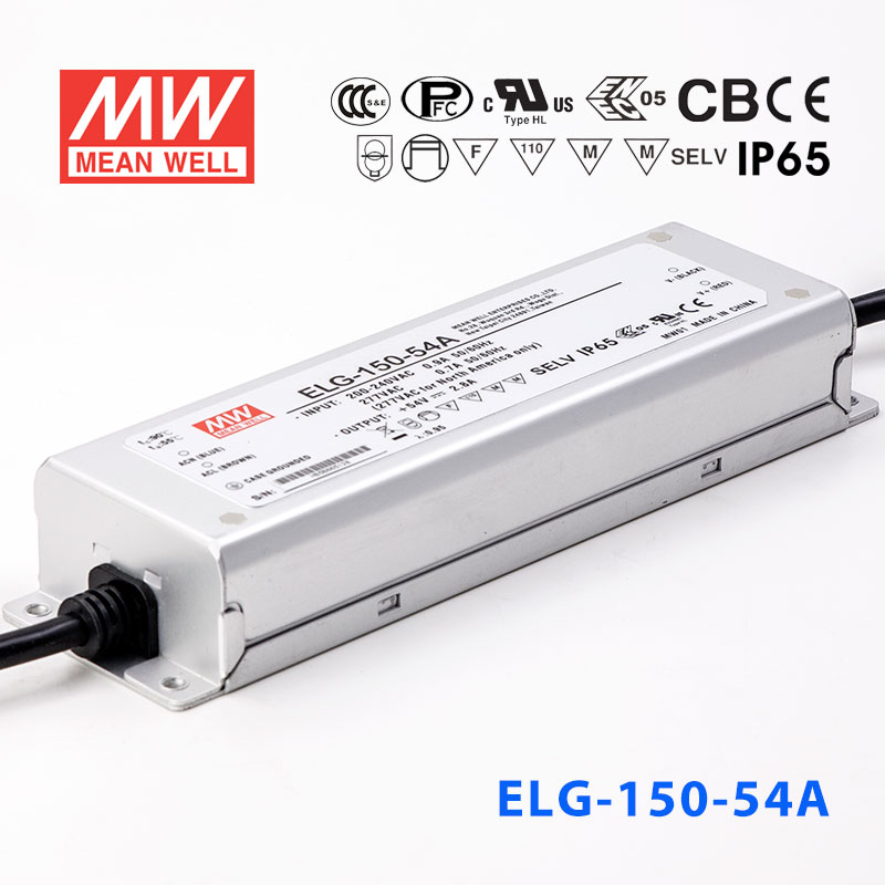 ELG-150-54A  150W  54V 2.8A  A型(电流可调/铝壳IP65/100～305Vac输入)明纬PFC防水LED电源