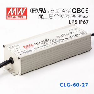 CLG-60-27   60W    27V   2.3A 恒压+可改恒流有PFC铝壳明纬IP67防水LED电源