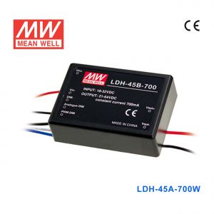 LDH-45A-700W  45W   9~18VDC  输入12~64VDC700mA直流输出明纬DC-DC升压式LED电源(引线)